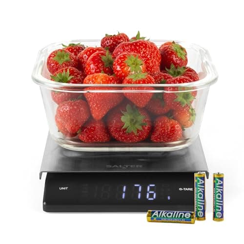 Image of Salter Angled Display Kitchen Scale – Food Weighing Scale, 5kg Capacity, Aquatronic, Measures Liquids, Add & Weigh Function, Easy-Read, LED Display, Stainless Steel Platform, Compact & Precise, Black