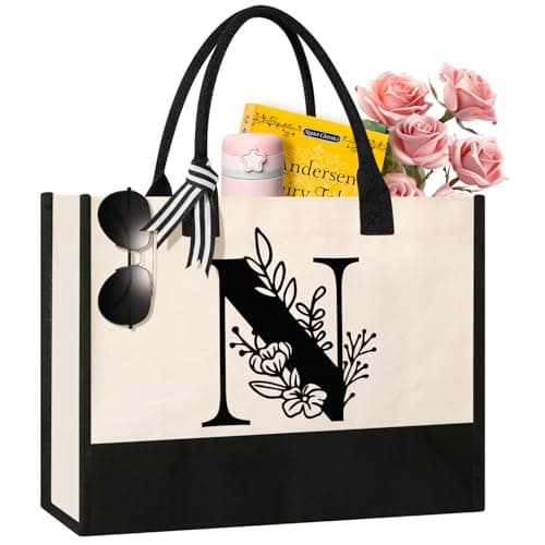 Image of Tecanne Personalized Initial Canvas Tote Bag, Cosmetic Bags, Suitable for Birthday, Wedding, Beach, Holiday, Great Birthday Gifts for Women, Mom, Teachers, Nurses, Best Friends, Bridesmaids (N)