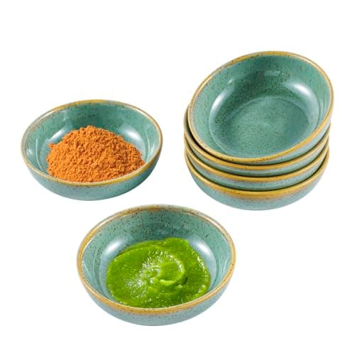Image of All-Pie Set of 6 Ceramic Sauce Dish (3.5 inch),Small Teabag Holder Dish,Condiment Dishes,Jewelry Holder,Sushi Soy Dipping Bowl,Snack Serving Dishes, Mini Saucer Set (Round Green)