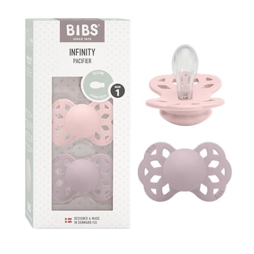 Image of BIBS Infinity Soother 2-Pack, BPA Free, Symmetrical Nipple. Silicone, Made in Denmark, 0-6 Months (Pack of 2), Blossom/Dusky Lilac
