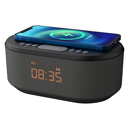 Image of i-box Alarm Clocks Bedside, Alarm Clock with Wireless Charging, Bluetooth Speaker, Radio Alarm Clock, Fast Qi Wireless Charger, Mains Powered, FM Radio, USB Charging Port, Dimmable, Non Ticking