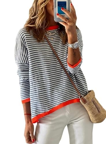 Image of Cuptacc Jumpers for Women UK Striped Sweatshirt Womens Basics Long Sleeve Cotton Tops Color Block DarkBlue S 8-10