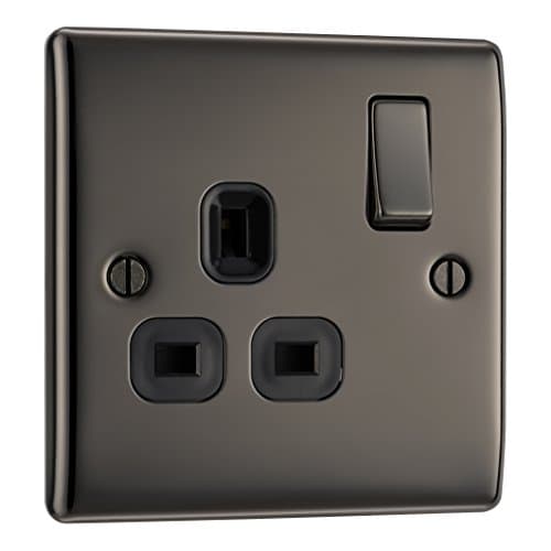 Image of BG Electrical Single Switched Power Plug Wall Socket, Raised and Slim Profile, Round Edges, Nexus Metal, Black Nickel, 13A, NBN21B
