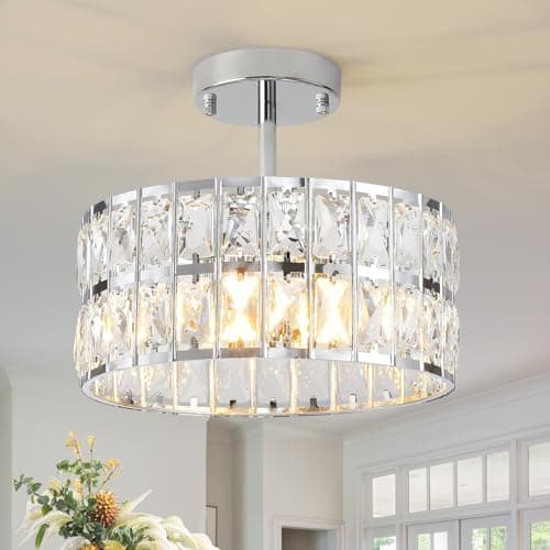 Image of MSSIAN Chrome Crystal ChandeliersModern Semi Flush Mount Ceiling Light Small 4-Ligh Round Crystal Hanging Pendant Light Fixtures for Dining Room Entryway Kitchen Hallway D30CM
