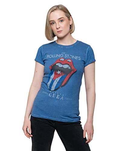 Image of The Rolling Stones Women's Havana Cuba with Snow Wash Finishing T-Shirt, Blue (Denim Denim), 16 (Size:XX-Large)