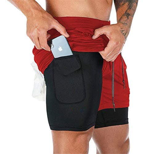Image of Superora Mens Running Gym 2 in 1 Sports Shorts Breathable Outdoor Workout Training Shorts with Pockets Red