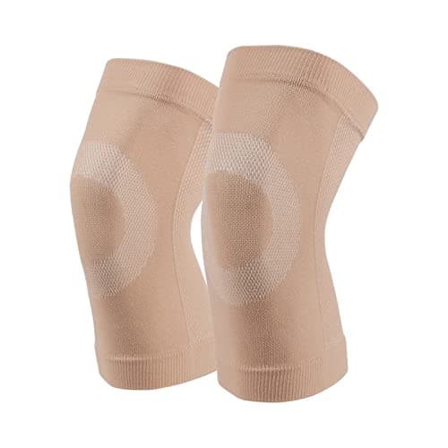 Image of yeloumiss Knee Brace 1 Pair Elastic Breathable Knee Lightweight Pressurisation Sleeve Keep Warm for Sleeping, Daily work, Sports, Running, Fitness Unisex (L, Beige)