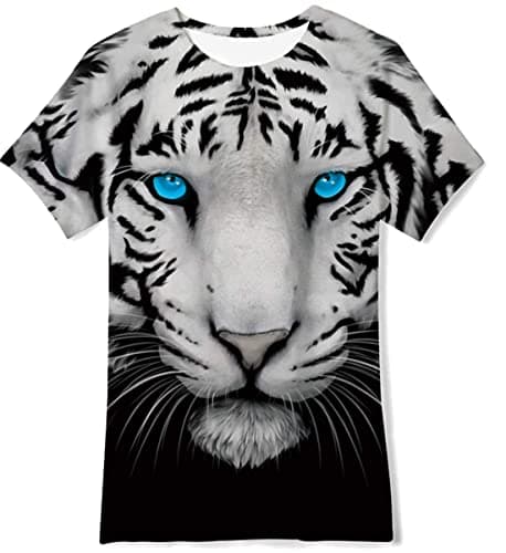 Image of Belovecol Boy Girl T-Shirt 3D Tee Shirts White Tiger Short Sleeve Crewneck Cool Summer Kids Black T Shirt for 12-13 Years