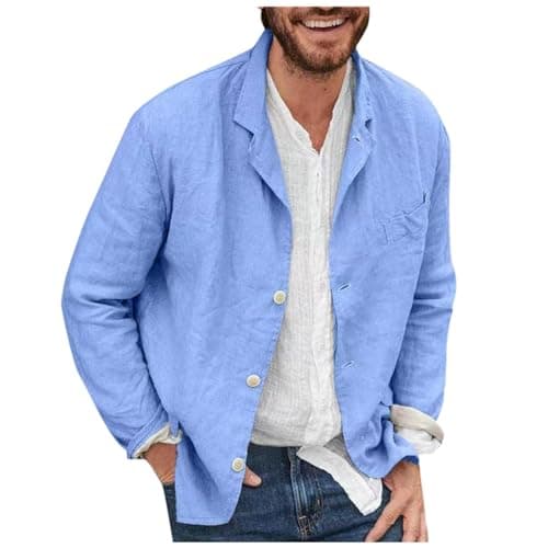 Image of Beokeuioe Men's Jacket Summer Jacket Men's Linen Shirt Jacket Lightweight Loose Leisure Jacket for Men Summer Jackets Men's Suit Jackets Sports Coat Stylish Everyday Suits Suit Jacket, blue, M