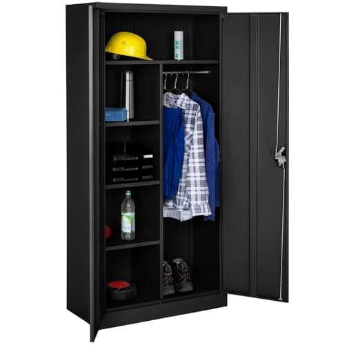 Image of tectake® Metal Storage Unit in Sturdy Steel, Lockable Filing Cabinet with 4 Shelves, Rail & 2 Doors, Metal Storage Cabinet for Office, Home Office, Garage, 180 x 80 x 40 cm - Black