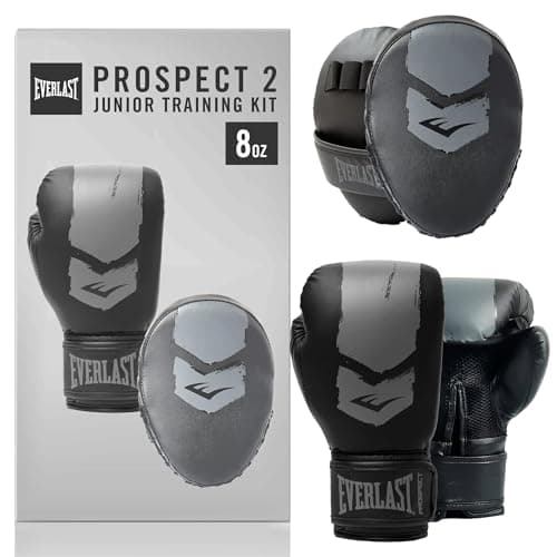 Image of Everlast Prospect 2 Kids Boxing Gloves and Pads Set (Black/Grey) 8oz Youth Boxing Gloves and Mitts, Protective and Comfortable Kids Boxing Set - Authentic Everlast Gear