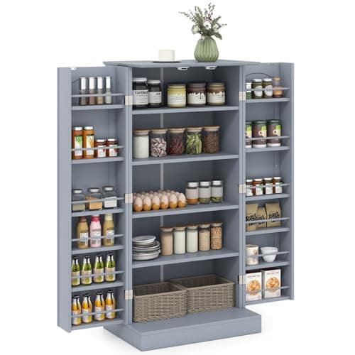 Image of COSTWAY Kitchen Cupboard, Buffet Pantry Cabinet with Countertop, Doors, 17 Shelves & Guardrail, Space-saving Storage Organizer for Dining Living Room (Grey, 60x40x120cm)