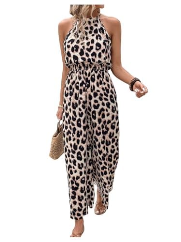 Image of GORGLITTER Women's Leopard Print Sleeveless Jumpsuits Wide leg Halter Neck Playsuit Pants Overall Summer Holiday Dungarees Romper Summer Outfit Pink Medium