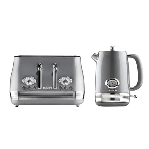 Image of Daewoo Denver Breakfast Set – Smoked Grey, Retro 1.5L Rapid Boil Kettle & 4 Slice Wide Slot Toaster, Temperature Gauge, Defrost, Reheat, Cancel Functions, Ideal for Stylish Kitchens