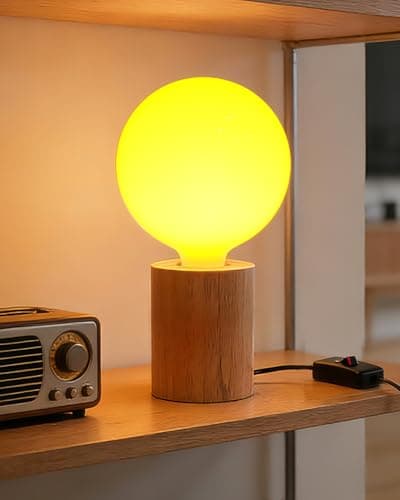 Image of Lamptobe Wood Bedside Table Lamp with Opal White Glass E27 Globe LED Bulbs, 1800K Warm Yellow, 360° Beam Angle, On-Off Switch, Non-Dimmable, 7W Globe E27 LED Lamp for Bedroom, Living Room, Office