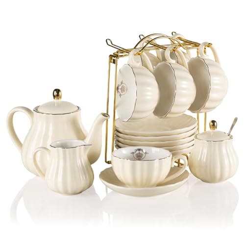 Image of Sweejar Porcelain Tea Sets British Royal Series, 8 OZ Cups & Saucer Service for 6, with Teapot Sugar Bowl Cream Pitcher Teaspoons and Tea Strainer, Suitable for High Tea, Wedding, Party（Beige）