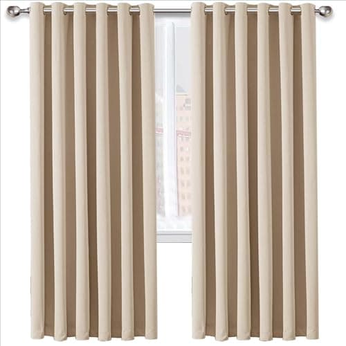 Image of Oxford Homeware Blackout Eyelet Curtains for Bedroom 46x54 Inch Cream Curtains for Living Room Privacy Protection Window Curtains 2 Panels with Tiebacks