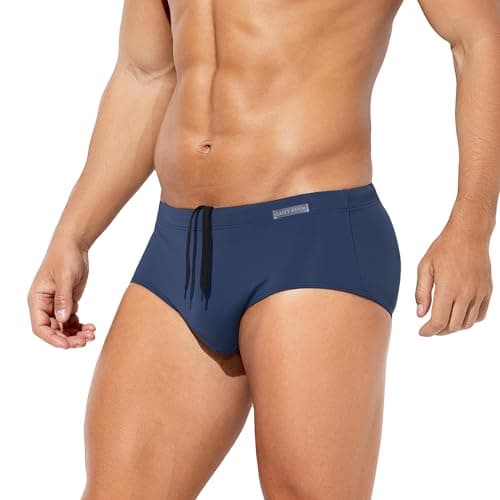 Image of Casey Kevin Men's Solid Swim Briefs Elastic Drawstring Board Surf Swimsuits Quick Drying Bikini Bottom Swimwear,Navy Blue,L