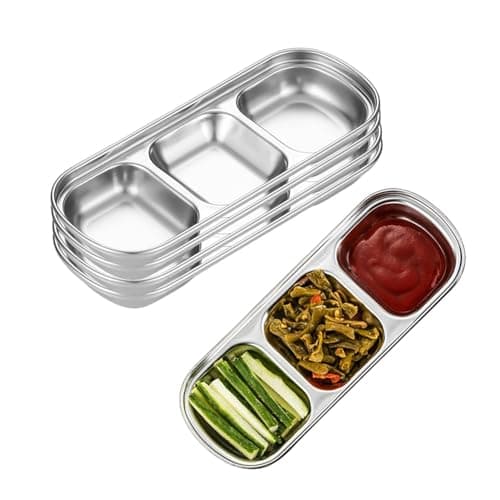 Image of XZJMY 5Pcs Stainless Steel Dipping Bowls 3 Grids Divided Sauce Dishes Appetizer Serving Plates Small Square Seasoning Dish Condiment Server Dish for Kitchen Home,BBQ and Party Dinner (5, Silver)