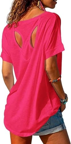 Image of Fisoew Women's Sport T-Shirt Open Back Short Sleeve Fitness Yoga Tee Shirts Workout Gym Athlete Tops Loose Fit(Pink,M)