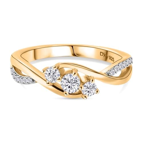 Image of TJC Moissanite Trilogy Ring for Women 925 Sterling Silver 18K Vermeil Yellow Gold Plated, 3 Stone Crossover Ring, Elegant Engagement Promise Ring Gift for Her Size V