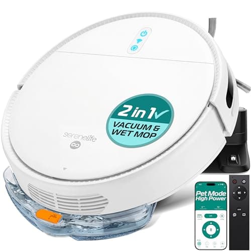 Image of SereneLife Robot Vacuum Cleaner and Mop, Automatic Smart Vacuum with App Control, Powerful Suction, 3 Cleaning Modes, Auto Recharge, Dual Side Brushes, For Floors, Carpets & Pet Hair - White