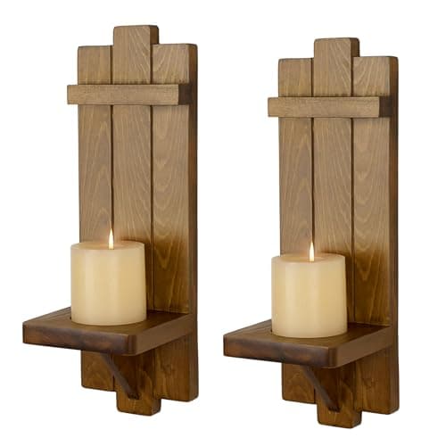 Image of BSTKEY 2 Packs Wooden Wall Mounted Candle Holder Hanging Candle Sconces, Decorative Wall Pillar Candle Stand Farmhouse Sconces for Bathroom Living Room (Brown)
