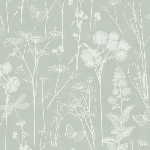 Image of World of Wallpaper Botanical Delicate Floral Themed Wallpaper with Butterflies Dragonflies and Flowers in Soft Sage Green for Living Room Bedroom Lounge Wallcovering AF0039