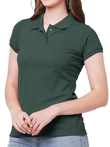 Image of Looks Divine Gift Women's Polo Shirt Knitted Collar Polo with Cuffed Short Sleeves Ladies Shirts for Women UK (UK, Alpha, M, Regular, Regular, Forest Green)