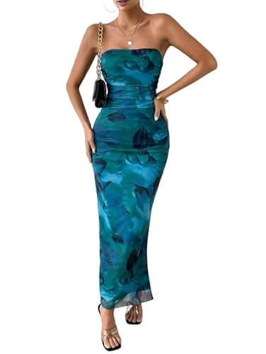 Image of Sukiglam Womens Strapless Maxi Dress Sexy Tie Dye Print Tube Dresses Summer Sleeveless Stretchy Bodycon Ruched Long Dress Tight Backless Elegant Going Out Dresses for Club Party Cocktail Rave Outfit