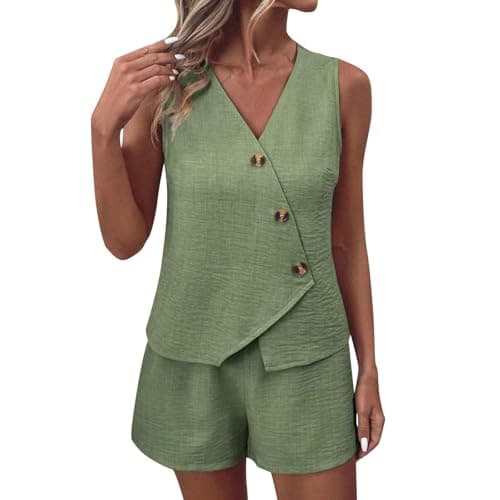 Image of NSICBMNO Green Lounge Sets For Women Shorts Co Ord Sets Summer 2 Piece Outfits Sleeveless Waistcoat V Neck Vest Tops Wide Leg Shorts Casual Tracksuits Travel Airport Outfits For Office Work Beach