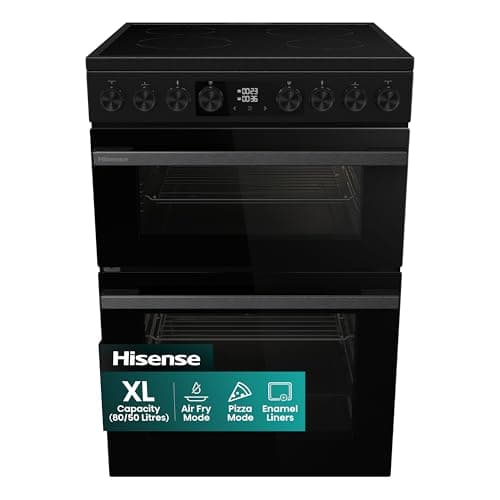 Image of Hisense HDUKC60B 60cm Electric Cooker with Ceramic Hob-Black, A Rated Double Oven 50L/80L [Energy Class A]