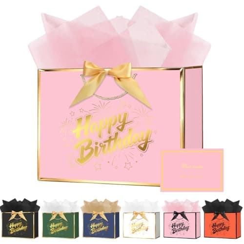Image of OFFCUP Birthday Gift Bag, 28 * 20 * 10cm Happy Birthday Party Gifts Bag with Greeting Handles and 3 Wrappers and 1 Cards, Luxury Paper Bags with Handles for Girls Womens Birthdays Party