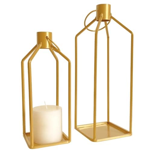 Image of Large Outdoor Candle Lantern Set, 2 Pcs Metal Lanterns with Flameless Timer Candles, Hanging or Standing Lanterns for Living Room or Patio, Gold Iron Frame Design