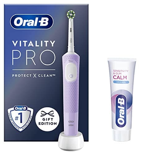 Image of Oral-B Vitality Pro Electric Toothbrushes For Adults, 1 Handle, 1 Toothbrush Head, 3 Modes Including + Sensitivity & Gum Calm Toothpaste, 2 Pin UK Plug, Purple