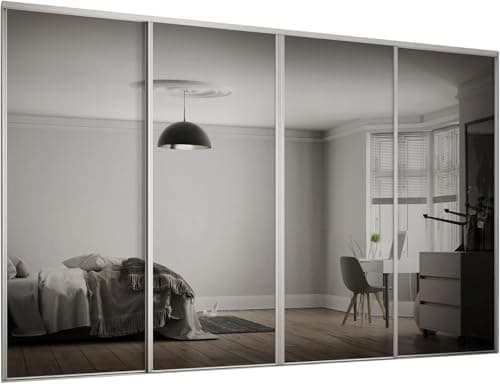 Image of SPACEPRO Heritage Sliding Mirror Wardrobe Doors – Modern 4 Door Sliding Mirror Wardrobe, White Finish, Full Length Mirror Sliding Door Kit with Track, Ideal for 2260mm x 2997mm Opening Size