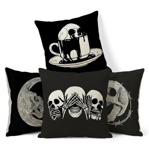 Image of PRK 14 4 pcs Halloween Cushion Covers Pillow Throws for Livingroom Bedroom Tattoo Art Gothic Skulls Hear No Evil Couples Sofa Horror Scary Pillowcase Set 45 x 45cm