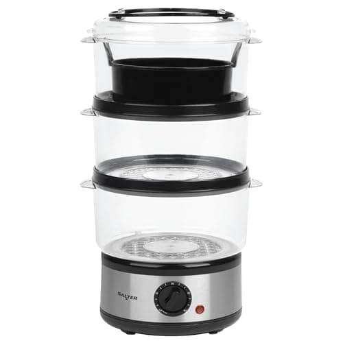 Image of Salter 3 Tier Electric Food Steamer - 7.5L, Stackable Steaming Baskets, Dishwasher Safe, BPA Free Includes Rice Bowl, 60 Minute Timer, Compact Storage, Healthy Cooking Vegetables & Fish, 500W