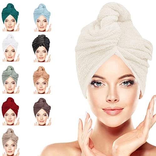 Image of LUXURY Hair Towel Wrap 100% Cotton, Instant Drying Lightweight Turban Hair Cap Super Quick Absorbent Anti-Frizz Twist Toweling Dry Hat Button Loop for Long Curly Hairs, 62CM x 23CM (Cream, Pack of 1)