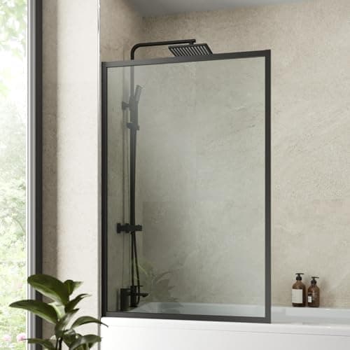 Image of Luxura® 800 x 1400mm Black Over Bath Shower Screen Fixed Door Glass Panels & Screens for Baths, Bathroom Framed Square Design, 6mm Toughened Safety Glass