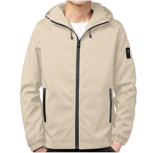 Image of Mens Lightweight Waterproof Jackets with Hood Smart Casual Rain Jacket Solid Plain Hooded Windbreaker Water Resistant Raincoat Outdoor Active Wear for Cycling Travel Large