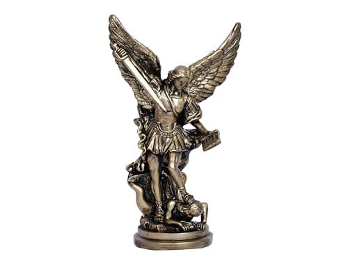 Image of San Miguel Arcangel 12inch St Michael Statue - Saint Archangel Michael Defeated Lucifer Tramples Demon Resin Battle Angel Bronze Collectible Religious Figurine
