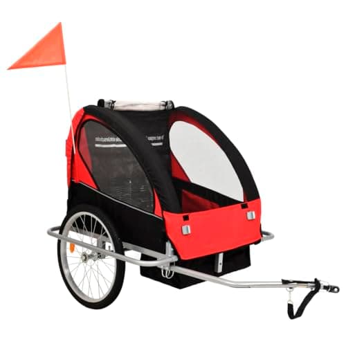 Image of vidaXL 2-in-1 Kids' Bike Trailer & Stroller - Multi-functional, Water- Oxford Fabric, Safety Harness - Ideal for 1-2 Children - Black & Red