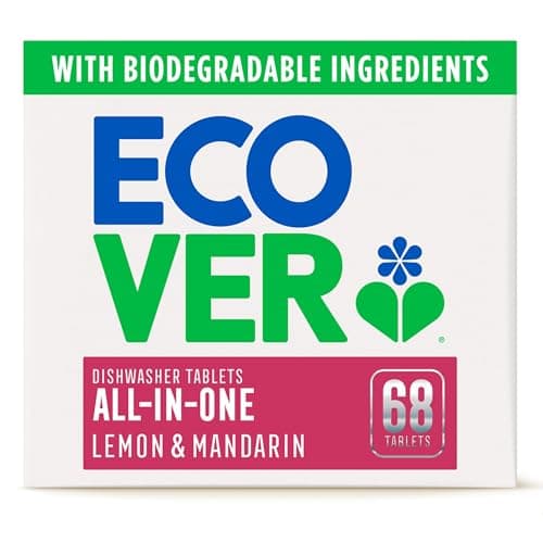 Image of Ecover All in One Dishwasher Tablets, Contains Salt & Rinse Aid, Powerful Cleaning, Fresh Lemon & Mandarin Scent, Pack of 1, 68 Tablets