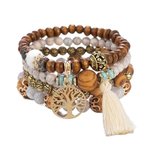 Image of GAUEIOUR Boho Multi-Layer Wooden Beaded Bracelet, Elastic Tassel Bracelet - Tree Of Life Design, Women's Pack Of 4