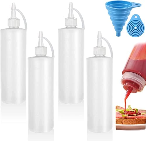 Image of Maridergo 4 Pcs Squeeze Condiment Bottles with Twist On Cap Lids, 200ML Multipurpose Squirt Bottles Squeezy Sauce Bottle for Sauce, BBQ, Paint and Olive Oil (Come with Funnel)