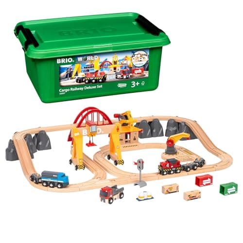 Image of BRIO World Deluxe Cargo Wooden Railway Train Set – Large Wooden Train Track with Freight Train, Crane, Wagons, Loads & Accessories, Expandable BRIO World Set, Toy Gift for Kids Age 3 Years and Up