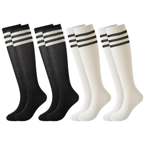 Image of BONANGEL 4 Pairs Kids Football Socks Boys Girls 6-8 9-12 Years Knee High School Socks Black White Athletic Long Sleeves Cotton Sports Soccer Training Socks for Junior
