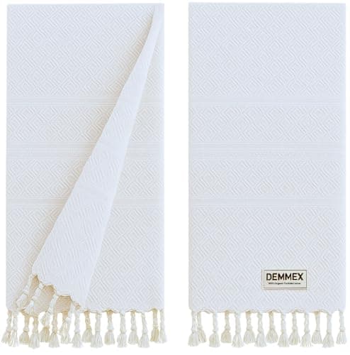 Image of DEMMEX Organic Turkish Cotton Hand Towels Set of 2, Quick Dry Soft Diamond Weave, Absorbent Prewashed OEKO-TEX Bathroom Kitchen Towels 45x90cm (Vintage White)