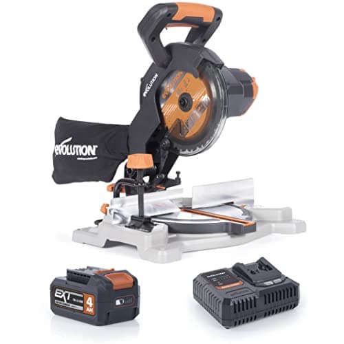 Image of Evolution Power Tools R185CMS-Li Cordless Mitre Saw Multi-Material Cutting, Cuts Wood with Nails, Metal, Plastic & More, Bevel & Mitre Angles, TCT Blade Included - Battery & Charger Included